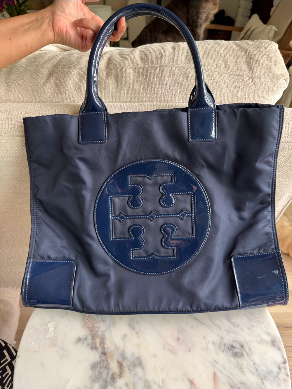 Tory Burch Navy Patent-Trim Logo Tote